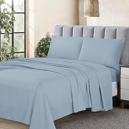 Cathay Home Essentials Ultra Soft Hypoallergenic Wrinkle Resistant Double Brushed Microfiber Bedding Sheet Set, Blue Fog, Queen