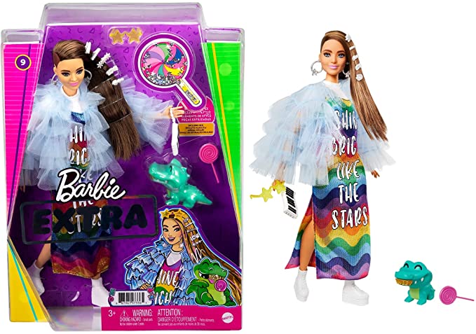 Barbie Extra Doll #9 in Blue Ruffled Jacket with Pet Crocodile, Long Brunette Hair with Bling Hair Clips, Layered Outfit & Accessories, Multiple Flexible Joints, Gift for Kids 3 Years Old & Up , White