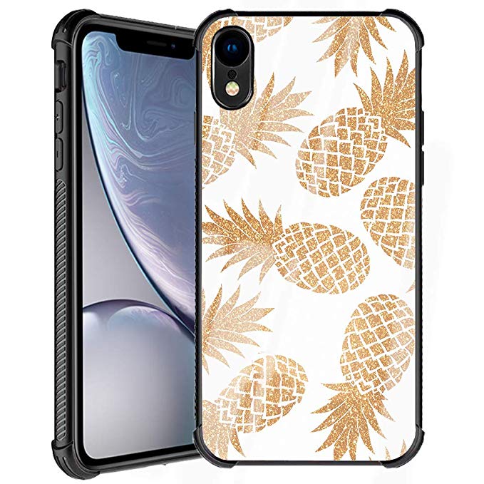 iPhone XR Case for Girls Women Design Cute Shiny Gold Pineapples Pattern Slim Fit Tempered Glass Glossy Back Cover with Soft Silicone TPU Shockproof Bumper Case Compatible for Apple iPhone XR 6.1''