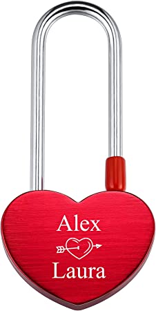 INBLUE Personalized Heart Shaped Love Lock Custom Name Date for Couple Boyfriend Girlfriend Him & Her Love Bridge Aluminum Padlock Valentine Lover Gift Red