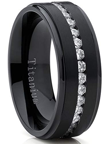 Metal Masters Co. Black Titanium Men's Eternity Wedding Band Ring with Cubic Zirconia CZ, Comfort Fit 8mm