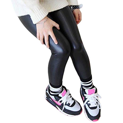 Hiigoo Girls Black Elasticity Faux Leather Pants Kids Thick Leggings Warmth Trousers for 2-14 Years Old Children