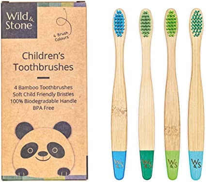 Organic Children's Bamboo Toothbrush | 4 Pack Aqua Colour | Soft Fibre Bristles | 100% Biodegradable Handle | BPA Free | Vegan Eco Friendly Kids Toothbrushes by Wild & Stone