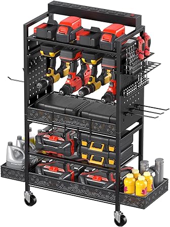 CCCEI Garage Power Tools Organizer Cart with Charging Station, Black Floor Standing Rolling Drill and Tools Battery Storage Cart on Wheels. Utility Rack Gift for Men, Husband, Father.