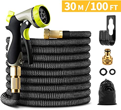 GIGALUMI Expandable Garden Hose 100Ft/30M Expanding Garden Hose Pipe with Brass Connectors, 8 Function Spray, Flexible Anti-Kink for Home, Garden, Patio and Car Cleaning