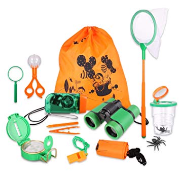 Kid Adventure Kit, 12 Piece Outdoor Exploration Kit, Children’s Toy Binoculars, Flashlight, Compass, Butterfly Net, Magnifying Glass, Whistle, Best Gifts For Birthday, Camping,Hiking, Educational
