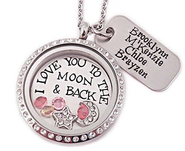 I Love You To The Moon And Back Floating Charm Locket with Personalized Tag - Hand Stamped Jewelry