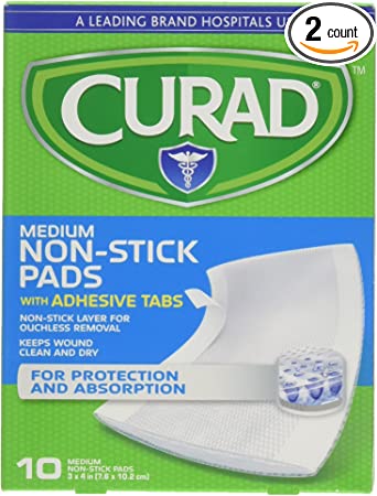 Curad Non-Stick Pads with Adhesive Tabs – 3″ x 4″ in, 10 Each (Pack of 2)