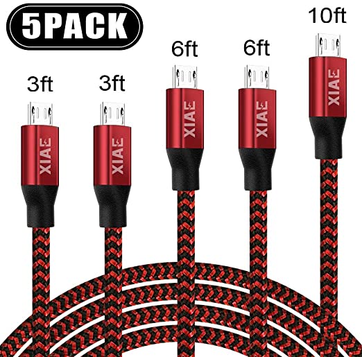 Micro USB Cable,XIAE 5Pack (3/3/6/6/10FT) Nylon Braided Fast Charging Cable Aluminum Housing USB Charger Android Cable for Samsung Galaxy S7 Edge S6 S5,Android Phone,LG G4,HTC and More-Black&Red