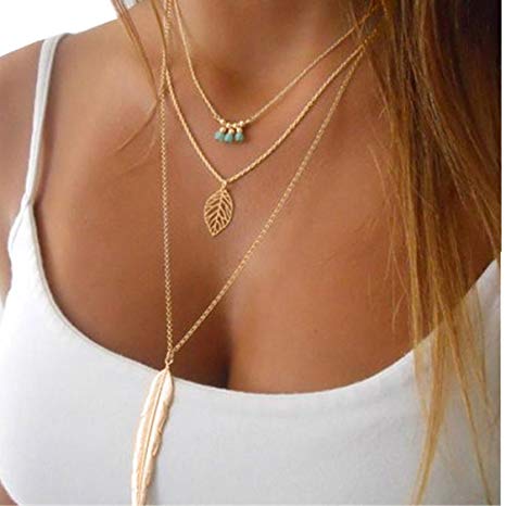 Ikevan Women Necklace Bohemian Style Multilayer Irregular Pendant Chain Leaves Feather Necklace (Gold)
