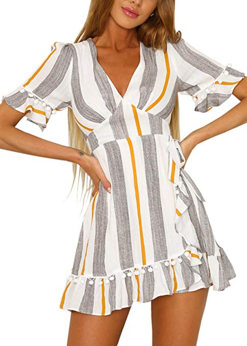 Angashion Women's Floral Short Sleeve Wrap V Neck Ruffle Mini Dress with Belt