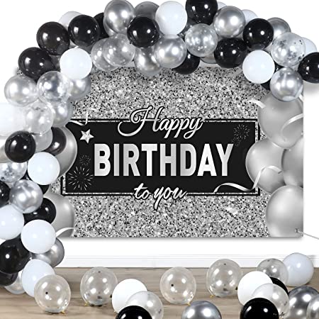 Black and Silver Birthday Party Decorations Black Silver Balloons Arch Garland Kit Silver Black Birthday Photography Backdrop Banner for Kids Adults Anniversary Birthday Party Supplies Decor