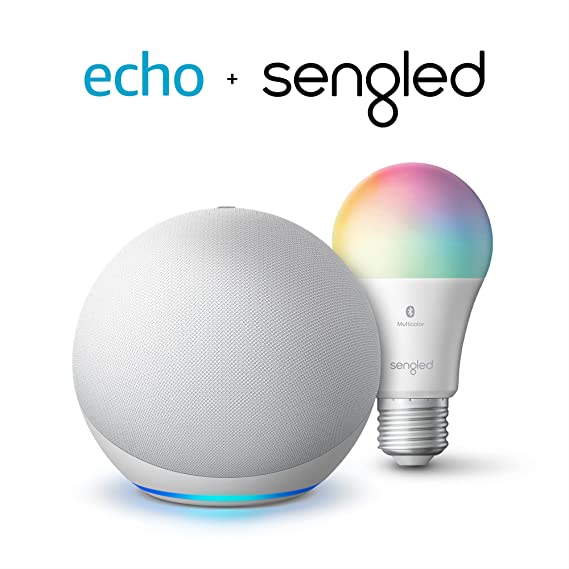 Echo (4th Gen) | With premium sound, smart home hub, and Alexa | Glacier White with Sengled Bluetooth Color bulb