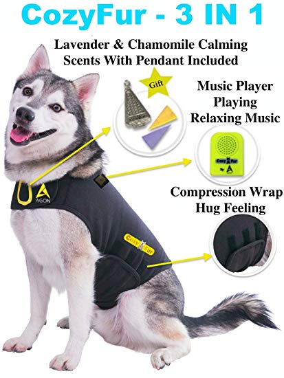 Agon CozyFur Patented Dog Anxiety Vest Calming Music Speaker & Lavender Essential Oil Scent Thunderstorm Treats Canine Stress Relief Fireworks Thunder Separation Shirt Jacket Coat