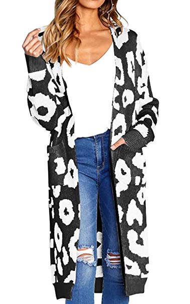 Angashion Women's Long Sleeves Leopard Print Knitting Cardigan Open Front Warm Sweater Outwear Coats with Pocket