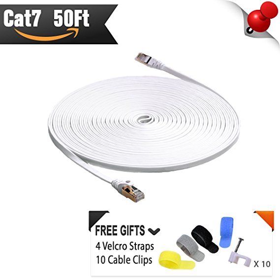 Cat 7 Ethernet Cable 50FT White (The Fastest Speed) Flat Internet Network Cable - Cat7 Ethernet Patch Cable Short - Computer Lan Cable with Snagless RJ45 Connectors