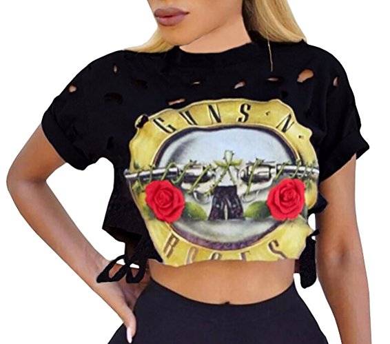 Chuanqi Women's Short Sleeve Ripped Guns N Rose Crop Tops Shirt