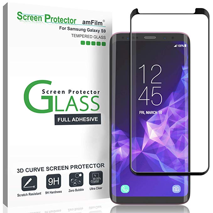 amFilm Full Adhesive Glass Screen Protector for Samsung Galaxy S9 (2018) Tempered Glass, 3D Curved, with Application Tray