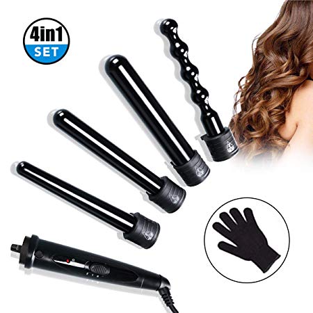 Curling Wand,Hizek Curling Tongs 4 in 1 Hair Curler Set with 4 Interchangeable Diamond Tourmaline Ceramic Barrels,1 inch(25mm),1.26 inch(32mm),1-0.7 inch(25-18mm),bead 25mm,with Heat Resistant Glove