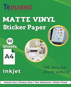 TeQuiero 50 Inkjet Matte Vinyl Sticker Sheet A4 Size Self Adhesive Photo Paper (Inkjet) - 50 Sheets