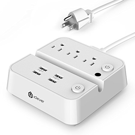 iClever BoostStrip IC-BS02 Power Strip, 25W 5A 4-Port USB Charger Plus 3 AC Outlets Charging Station with Dual Switches and Phone /Tablet Dock (White)