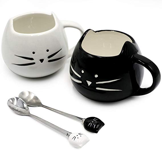 Koolkatkoo Gifts for Mom Funny Black and White Ceramic Small Cat Coffee Mugs Set with Spoons for Women Mom Cute Porcelain Tea Mug for Girls Mother Mug