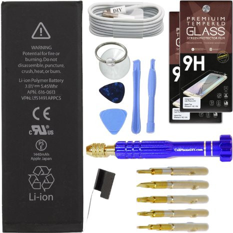 Premium iPhone 5 Battery Replacement & Accessory Kit by Cell Phone DIY - [0 Cycle] New OEM Battery, [Set of 2] Cell Phone DIY Screen Protectors, [1M/3ft] USB Cable & Professional Tool Kit