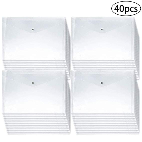 JPSOR Poly Envelope, 40pcs Clear Plastic Waterproof Envelope Folder with Button Closure, A4 Size