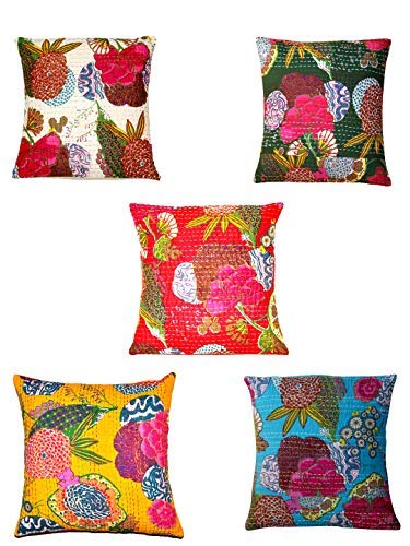 Set of 5 PC Indian Vintage White Embroidered Handmade Decorative Kantha Pillow Home Decor Boho Pillow Shame Indian Traditional Cotton Cushion Cover Kantha Floral Fruit Print, Boho Decor