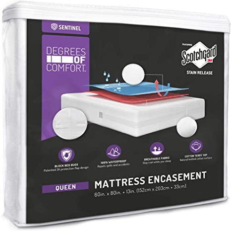 Degrees of Comfort Premium Waterproof Mattress Encasement Queen Size 6-9'' Inch Deep Pocket | Zippered Design with Cotton Cover, 3M Scotchgard Stain Resistant | Breathable and Cooling Protector
