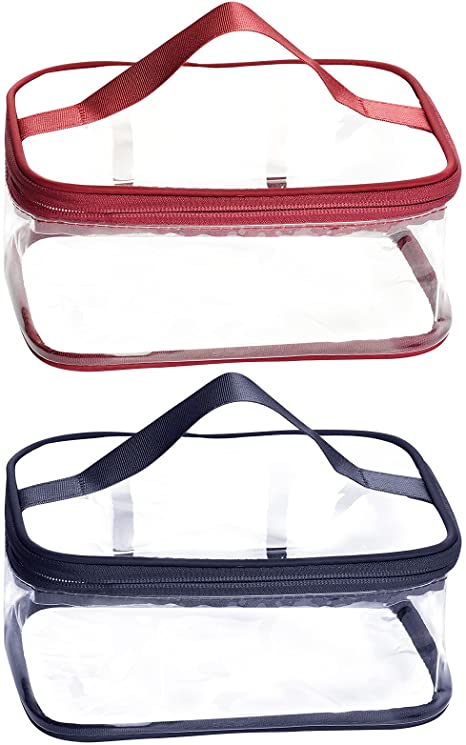Wobe 2 Pack Portable Clear Makeup Bag Zipper Waterproof Cosmetics Bag Transparent Travel Storage Carry Pouch PVC Zippered Toiletry Bag Organizers With Handle for Vacation Travel, Bathroom (Wine Red, Navy)
