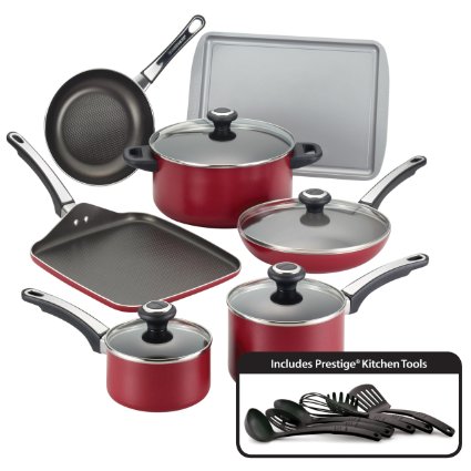 Farberware High Performance Nonstick Aluminum 17-Piece Cookware Set, Red