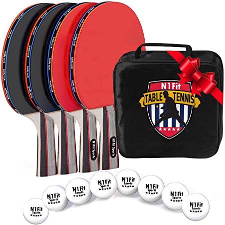 N1Fit Ping Pong Paddle Set - Includes 4 Player Rackets, 8 Professional Table Tennis Balls, Portable Storage Case for Indoor-Outdoor Play