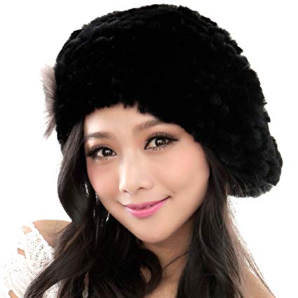 URSFUR Winter Women's Rex Rabbit Fur Beret Hats with Fur Flower