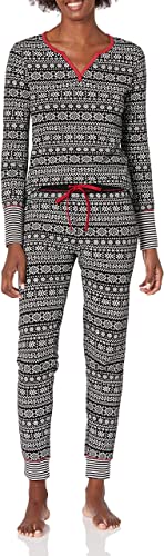 Mae Women's Vintage Thermal Henley Long Sleeve Top with Jogger Pajama Set