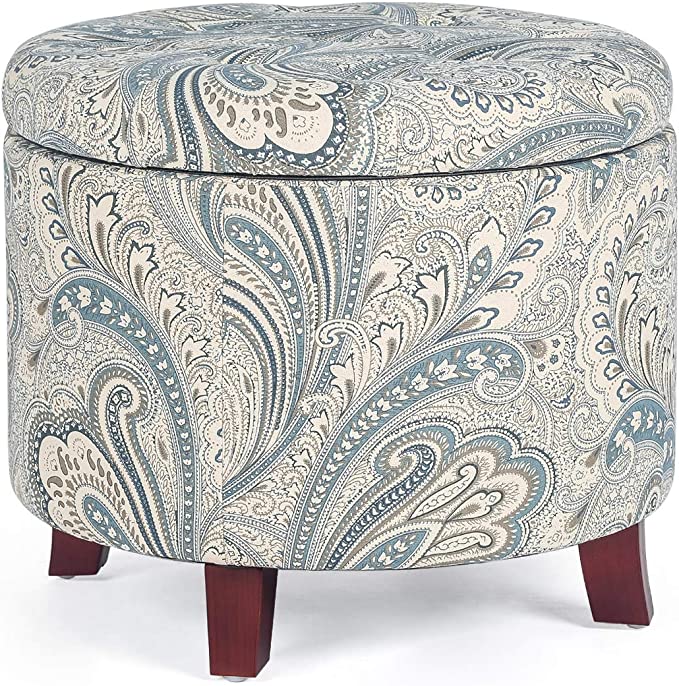 Adeco 20’’ Tufted Round Ottoman with Storage- Storage Ottoman with Lid- Blue Boho Paisley Fabric Upholstered Footstool Footrest with Sturdy Wood Legs