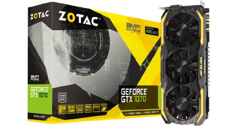 ZOTAC GeForce GTX 1070 AMP! Extreme, ZT-P10700B-10P, 8GB GDDR5 IceStorm Cooling, Metal Wraparound Carbon ExoArmor exterior, Dual-blade EKO Fan, Spectra Lighting, PowerBoost, FREEZE fan stop