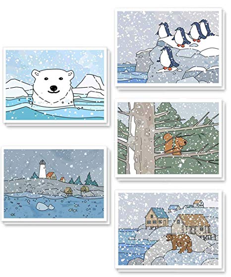 Cute Christmas Cards Bulk Pack 25, Boxed Winter Holiday Greeting Cards Assorted Set, Wildlife Animals Xmas Paper Stationery, Blank On the Inside with Kraft Envelopes 4 X 6 Inches