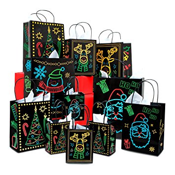 Christmas Holiday Glow-In-The-Dark Gift Bag | 22 Piece 11 Bags Of 4 Different Designs, 3 Sizes Large medium small & 11 White Tissue Papers | Gift Set With Unique Luminous Festive Designs & Patterns