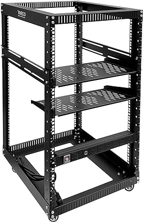 RIVECO 18U Open Frame Server Rack with Brake Casters   PDU (8 Outlets) Power Strip Surge Protector   2 Pcs Shelves Cantilever Tray Set Black