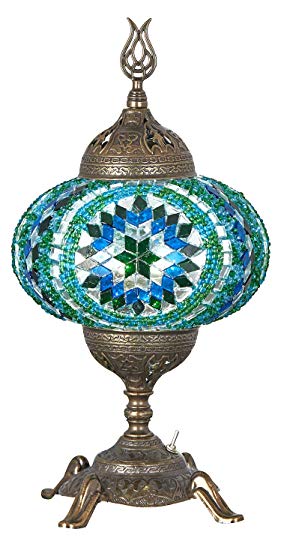 (15 Colors) Battery Operated Mosaic Table Lamp with Built-in LED Bulb, Turkish Moroccan Handmade Mosaic Table Desk Bedside Mood Accent Night Lamp Light Lampshade with LED Bulb,No Cord (Teal)