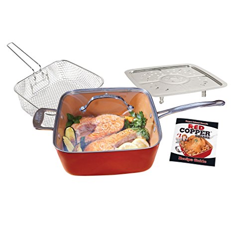 Red Copper Double-Coated Square Pan 5 Piece Set by BulbHead, 10-Inch Pan, Glass Lid, Fry Basket, & More