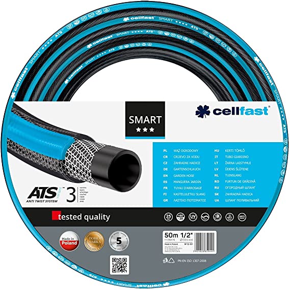 Cellfast Garden Hose SMART 1/2” 50m, Flexible and Three-layer Hose, Resistance to UV, Internal Part Resistant to Algae, 13-101