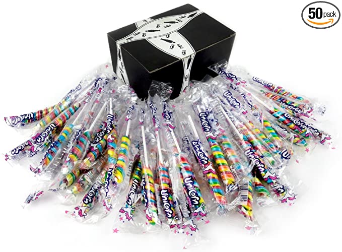 Mini Rainbow Unicorn Pops, 0.42 oz Packages in a Black Tie Box (Pack of 50)