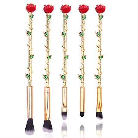Rose Eye Makeup Brush Set - 5pcs Wand Makeup Brushes with Soft Synthetic Fiber and Metallic Handle for Eyebrow, Eyeshadow, Foundation, Blending and Lips, Great Gift for Sister Girlfriend, Gold