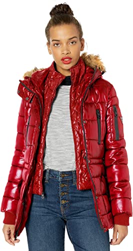 GUESS Women's Hooded Liquid cire Puffer with Removable Faux Fur Trim