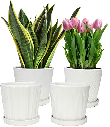 Plants Pots, Alotpower 5.5 Inch Ceramic Planters with Connected Saucer and Drinage Hole, 4 Pack White Flower Pots for Succulents Cactus Little Plants