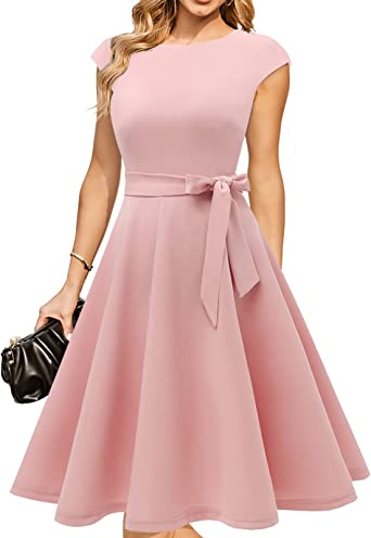 DRESSTELLS Women's 50s Vintage Bridesmaid Cap-Sleeve Round Neck Swing Cocktail Party Dress