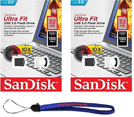 SanDisk Ultra Fit CZ43 32GB USB 3.0 Low-Profile Flash Drive Up To 130MB/s Read- SDCZ43-032G-G46 32G (2 pack) Flash Drive Jump Drive Pen Drive - w/ (1) Everything But Stromboli (TM) Lanyard