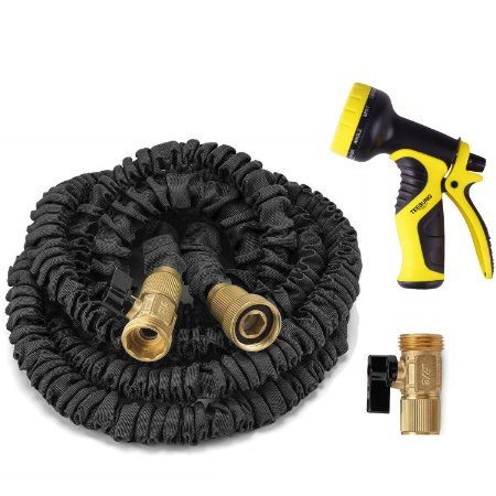 Expandable Garden Hose 50 Feet Strongest Expandable Hose With All Brass Connectors - High Pressure 9 Pattern Spray Nozzle - Resistance Latex (Black)